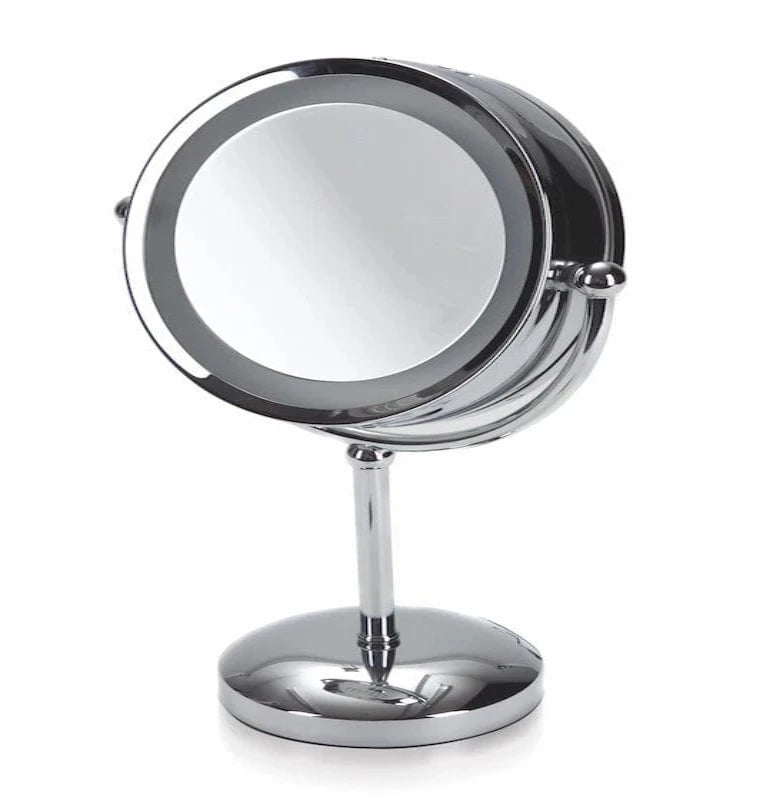 Spegel med LED belysning i rostfritt stål med fot