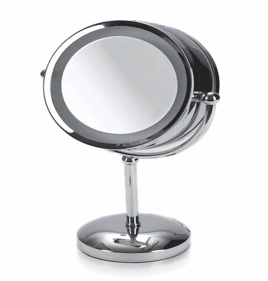 Spegel med LED belysning i rostfritt stål med fot